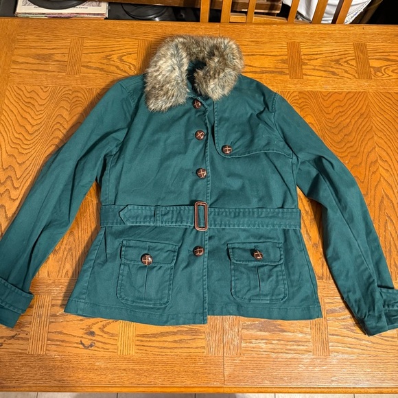 Vintage GAP Faux Fur Collar Belted Utility Style Coat in Green Sz L Y2K Outdoor - Picture 2 of 16